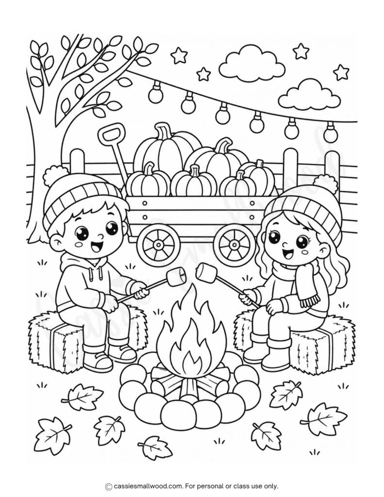 toasting marshmallows fall coloring page for kids free printable pdf, cute fall coloring sheets for kids, fall season coloring page for children, autumn coloring sheet cute