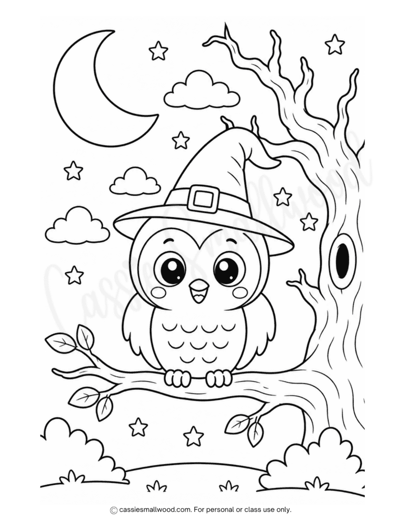 cute witch owl coloring page for Halloween free printable pdf, owl Halloween coloring page, fun Halloween coloring sheet for kids free printable pdf