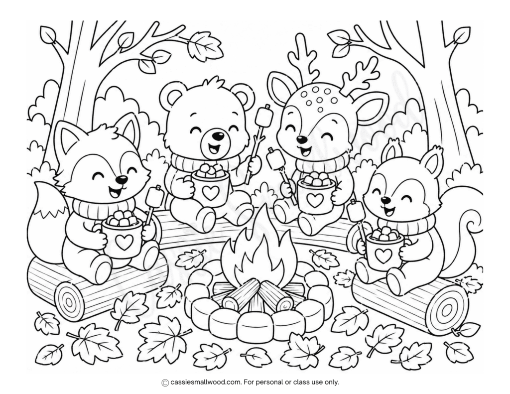 woodland animals toasting marshmallows fall coloring page free printable pdf, animals fall coloring page for kids, cute autumn coloring page for kids, fall fox coloring page, fall bear coloring page, fall deer coloring page, fall squirrel coloring page, forest coloring page for kids