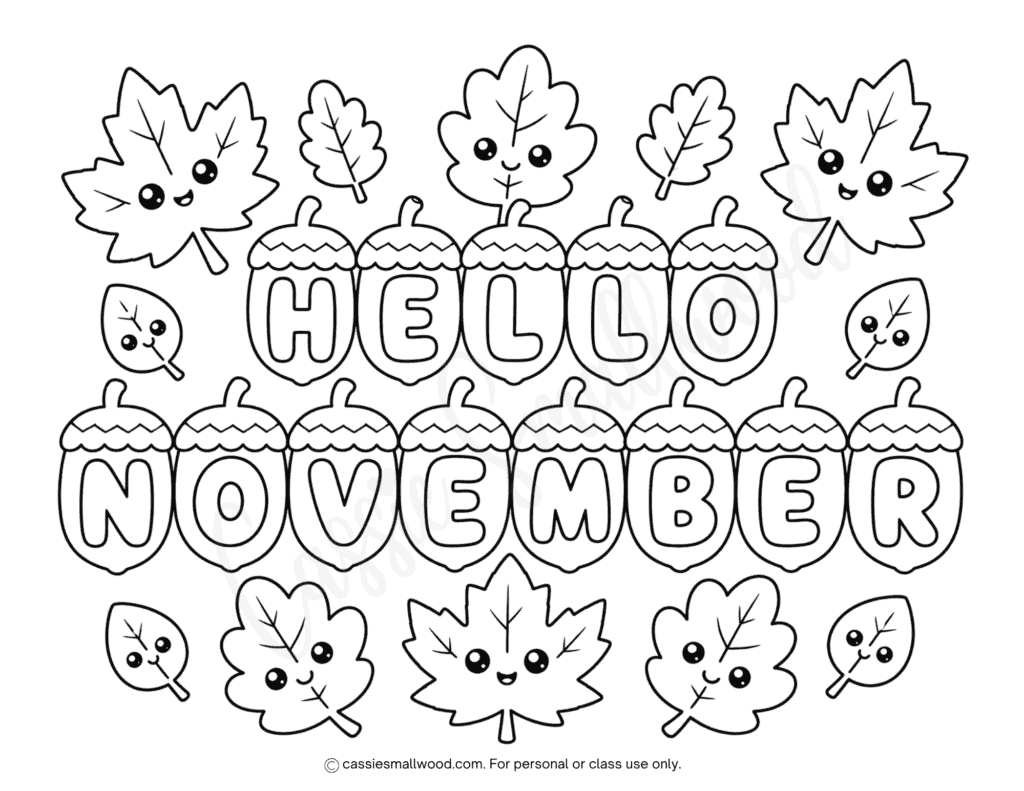 acorns and leaves Hello November coloring page for kids printable free pdf, basic November coloring page preschool, toddler fall coloring sheet, kawaii fall coloring page kindergarten