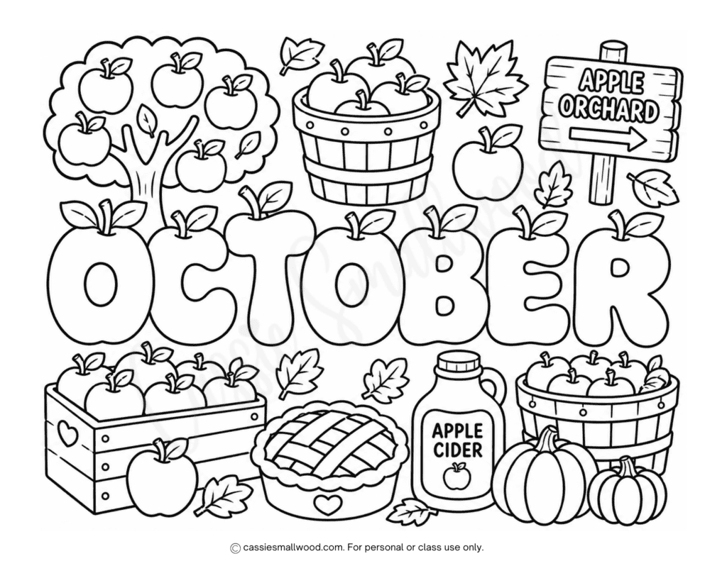 easy apple orchard October coloring page free printable pdf, preschool October coloring page simple, fall apple coloring page toddlers preschoolers kindergarten