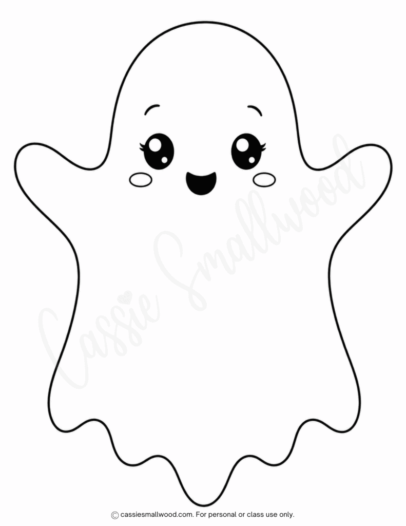 big easy ghost template free printable pdf, large cute ghost outline, full page kawaii ghost stencil for kids