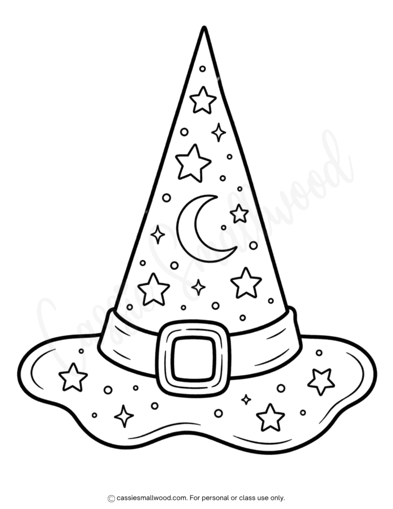 big witch hat template free printable pdf, large witch hat outline, cute witch hat coloring page for kids, witch hat stencil for Halloween crafts, witch hat pattern black and white