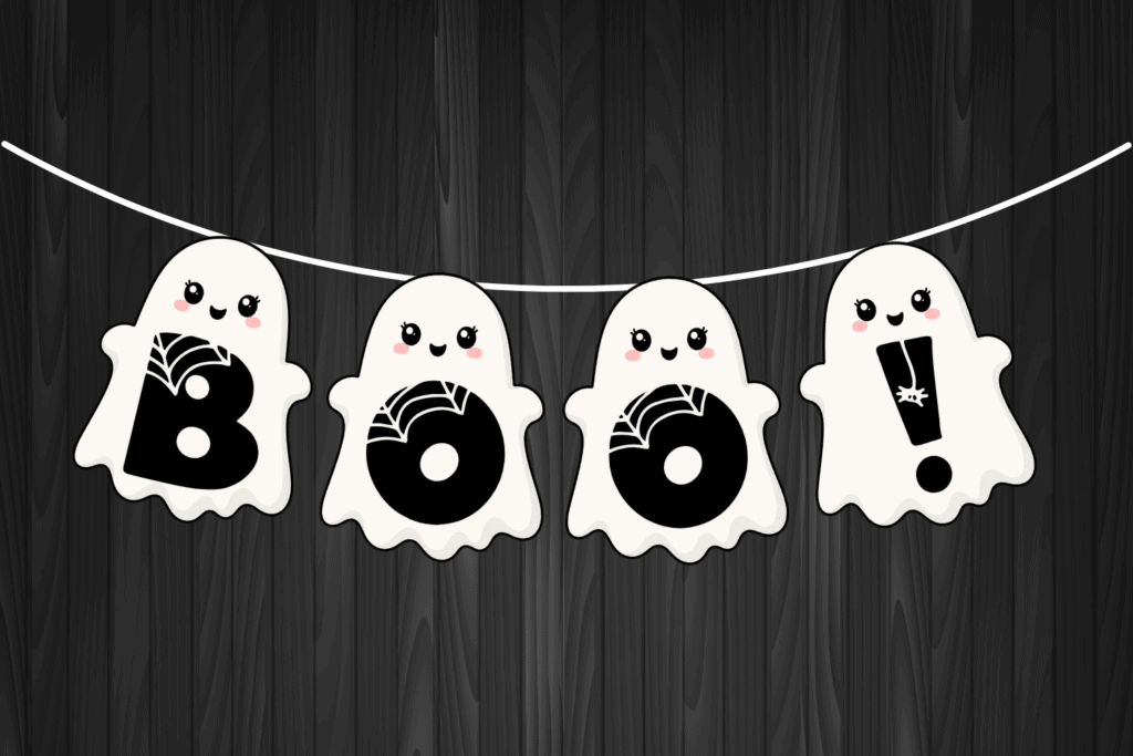 boo Halloween banner free printable pdf, cute Halloween banner, Halloween bunting, Halloween party banner, free printable Halloween decorations, diy halloween decorations to print classroom, white Halloween sign ghost
