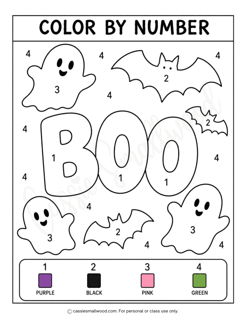 Boo cute Halloween color by number free printable pdf, simple ghost Halloween color by number for kids, Halloween bat color by number preschool, Kindergarten Halloween activity sheets, 1st grade Halloween worksheets