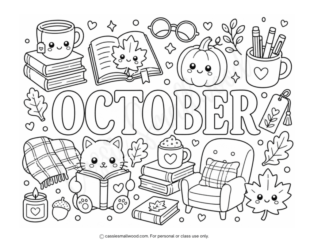 bookish October coloring page free printable pdf, cute October coloring page for kids, book lovers coloring page, easy October coloring sheet preschool toddler kindergarten simple