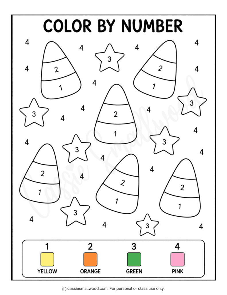 easy candy corn color by number for Halloween free printable pdf, Preschool Halloween coloring pages, simple Halloween color by number kindergarten, first grade Halloween activity sheets free download, Halloween worksheets for kids