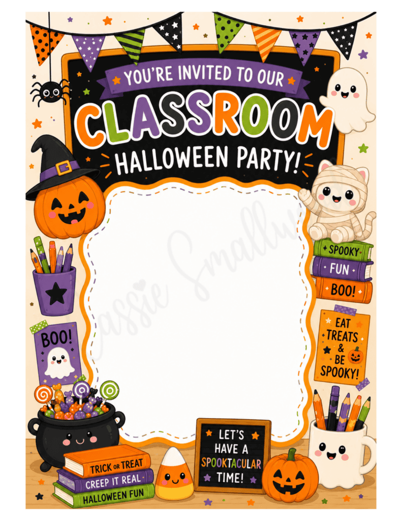 classroom Halloween party invitation template free printable pdf, class halloween party flyer template, blank class halloween party invitation card for elementary kids