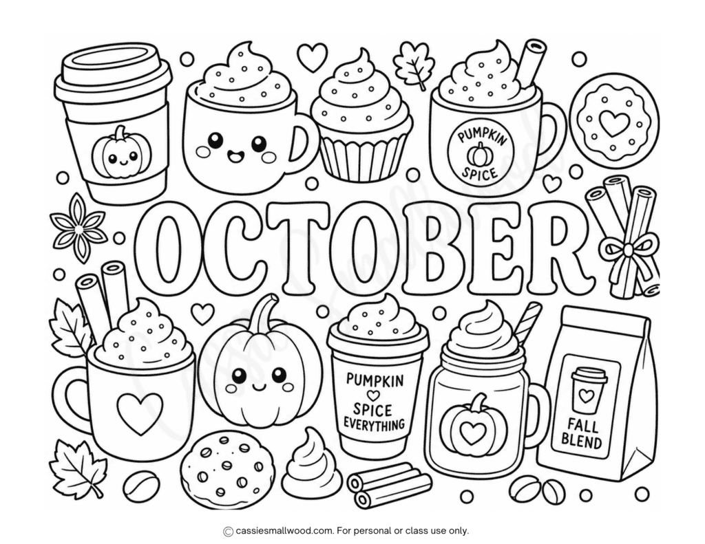cute coffee shop October coloring page for kids, kawaii October coloring page, pumpkin spice coloring sheet, coffee coloring page, fall coloring sheet easy