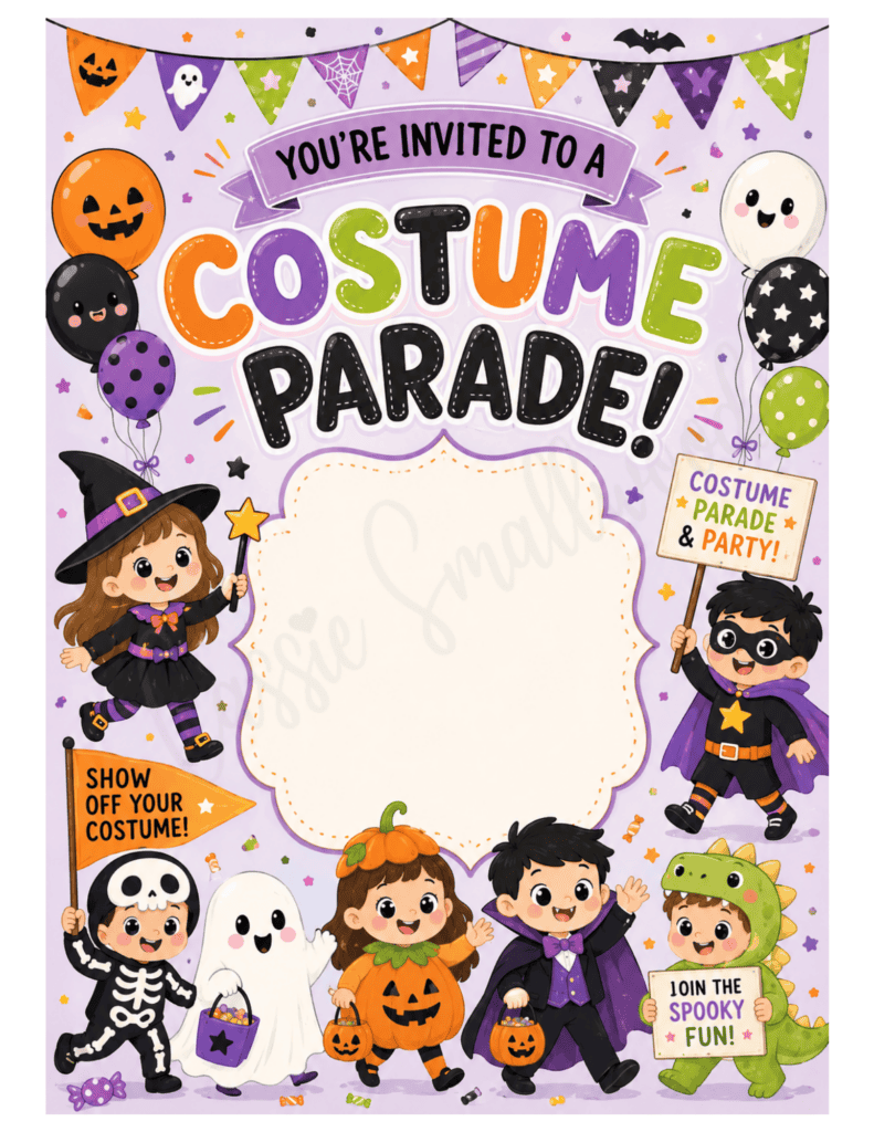free printable Halloween costume parade invitation pdf, blank Halloween costume parade template, Halloween costume party invitation for kids