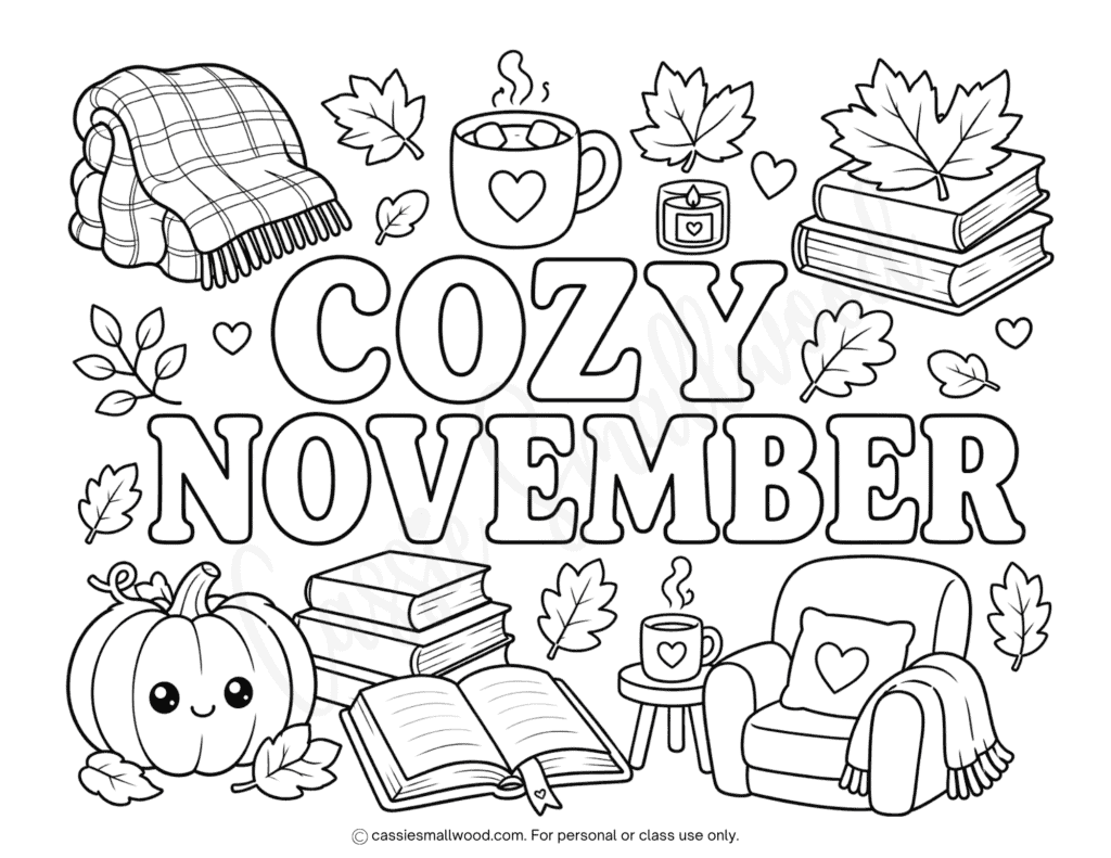 cozy November coloring page free printable pdf, cute November coloring sheet for kids, fall coloring page kawaii free download