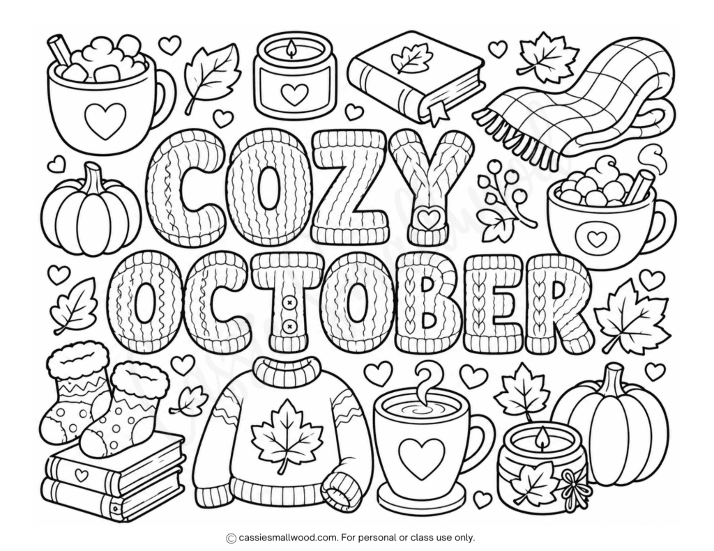 cute cozy October coloring page free printable pdf, October coloring page for kids full page, month of October coloring page, cozy fall coloring page for kids