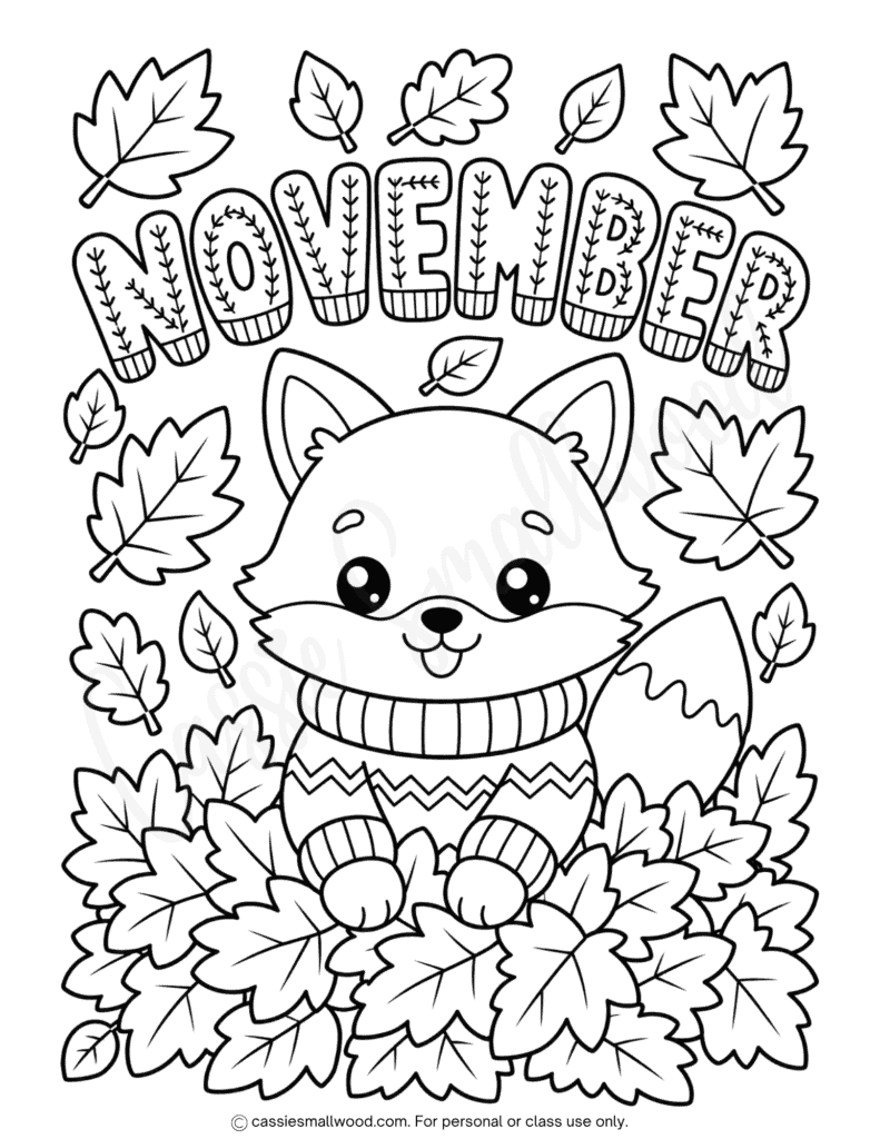 free printable cute fox November coloring page for kids pdf, kawaii fall coloring sheets, simple November coloring page, kindergarten November coloring page, first grade coloring sheet for November free download