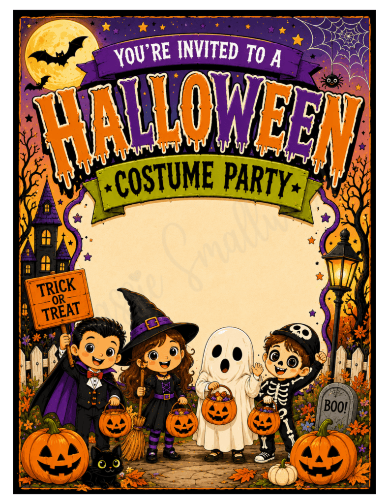 cute Halloween costume party invitation template free printable pdf, fun Halloween party invite for kids, blank Halloween party invitation free printable download