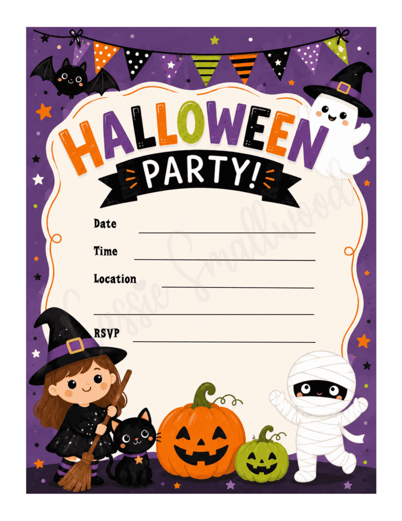 cute Halloween party invitation for kids free printable pdf, Fun Halloween invitation preschool witch, mummy, jack o lantern, Halloween party invite for kids free printable