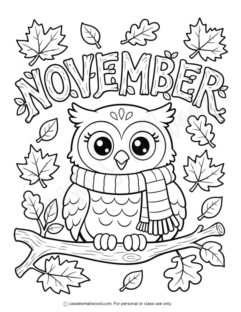 cute owl November coloring page free printable pdf, fall owl coloring sheet for kids free download, owl coloring page, easy November coloring page preschool