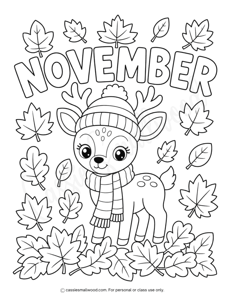 cute deer November coloring sheet for kids free printable pdf, fall coloring pages for kids free download, fall leaves coloring pages, kindergarten November coloring pages easy