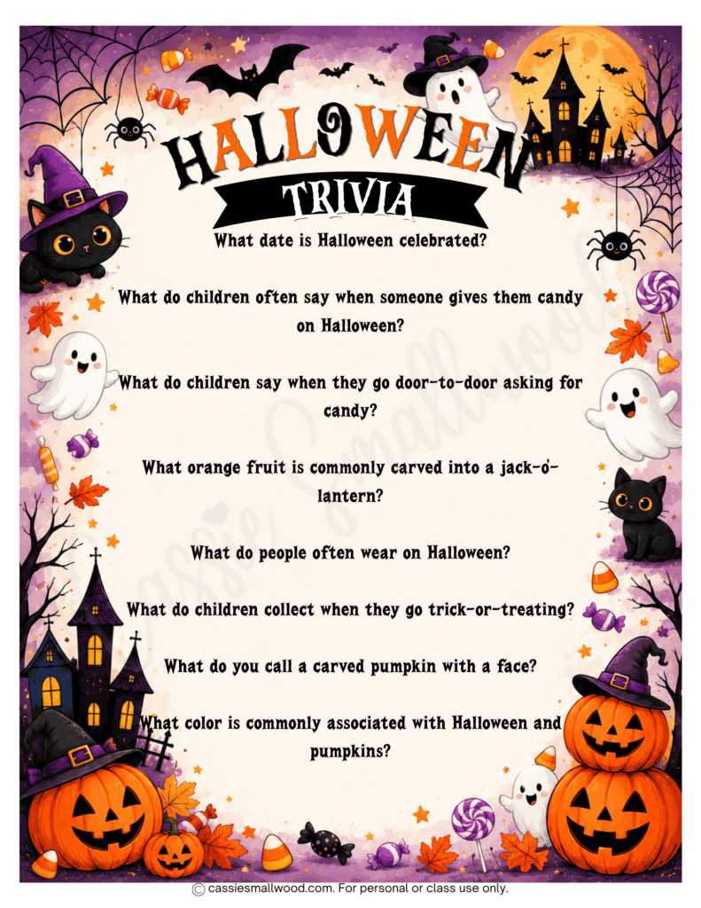 easy Halloween trivia for kids free printable pdf, fun Halloween trivia questions for kids, Halloween quiz questions and answers, cute Halloween trivia game Halloween classroom activities, Halloween worksheet elementary