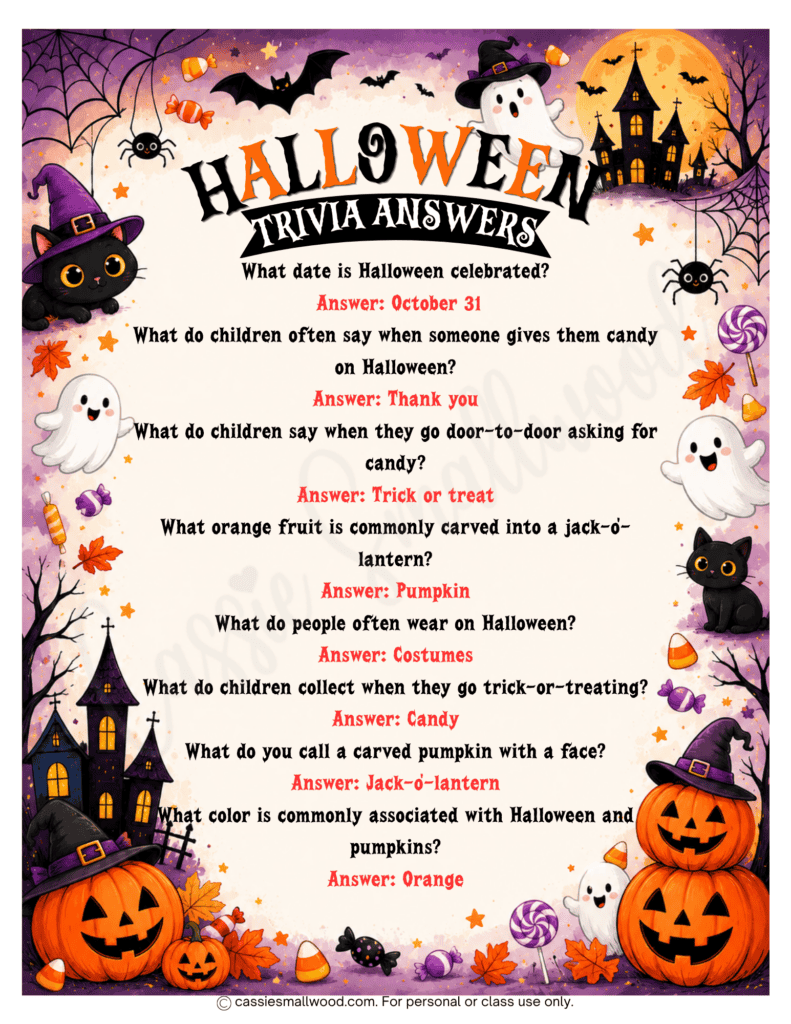 Easy Halloween trivia questions and answers for kids free printable pdf, fun halloween trivia game for elementary kids, Halloween classroom games, Halloween worksheets elementary