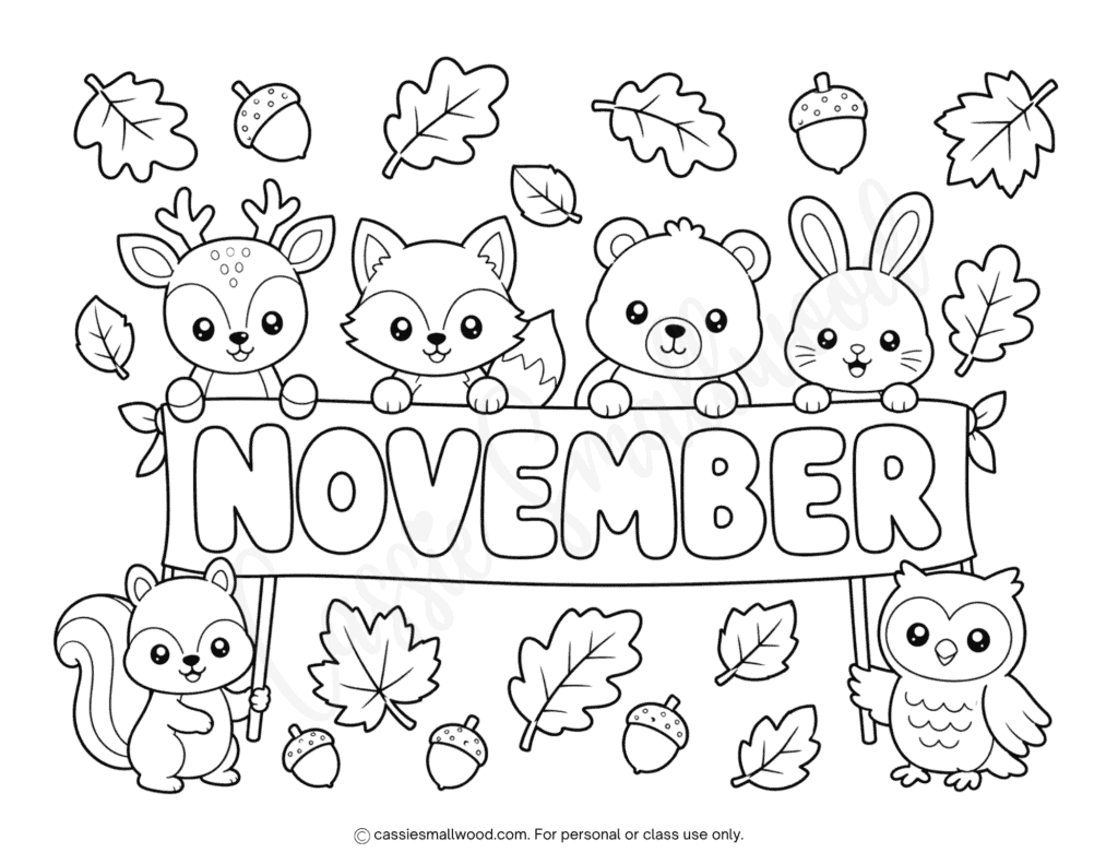 fall animals November coloring page free printable pdf, woodland animals coloring page for kids, cute November coloring sheet for kids, simple November coloring page preschool, easy coloring sheets for November kindergarten, toddler fall coloring pages