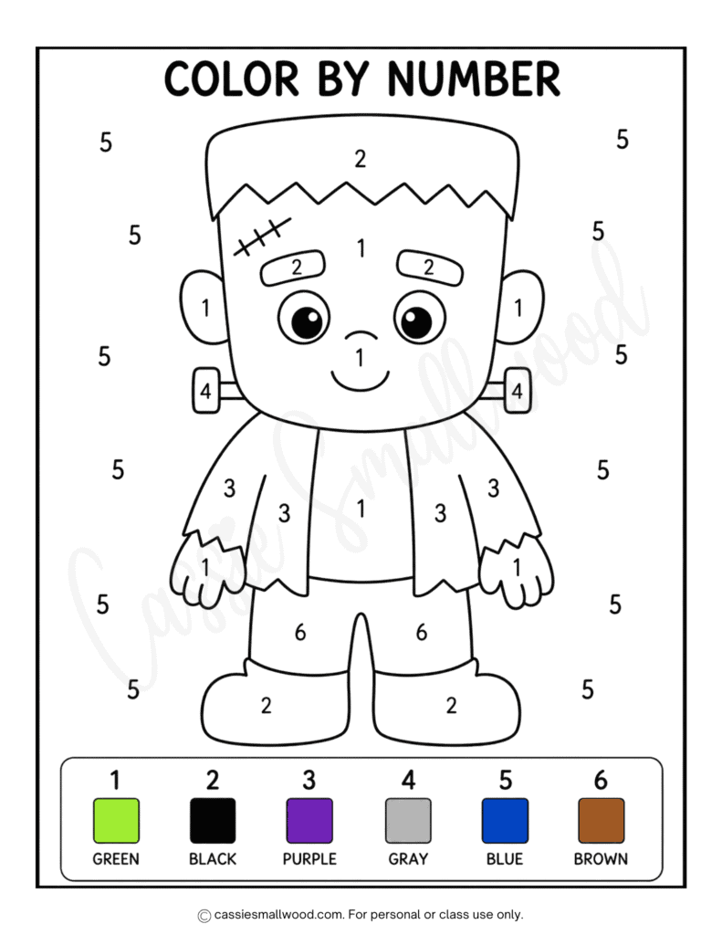 easy Frankenstein color by number for Halloween free printable pdf, simple Halloween color by number for kids, kindergarten Halloween worksheets, 1st grade Halloween activity sheets free download, preschool halloween coloring pages