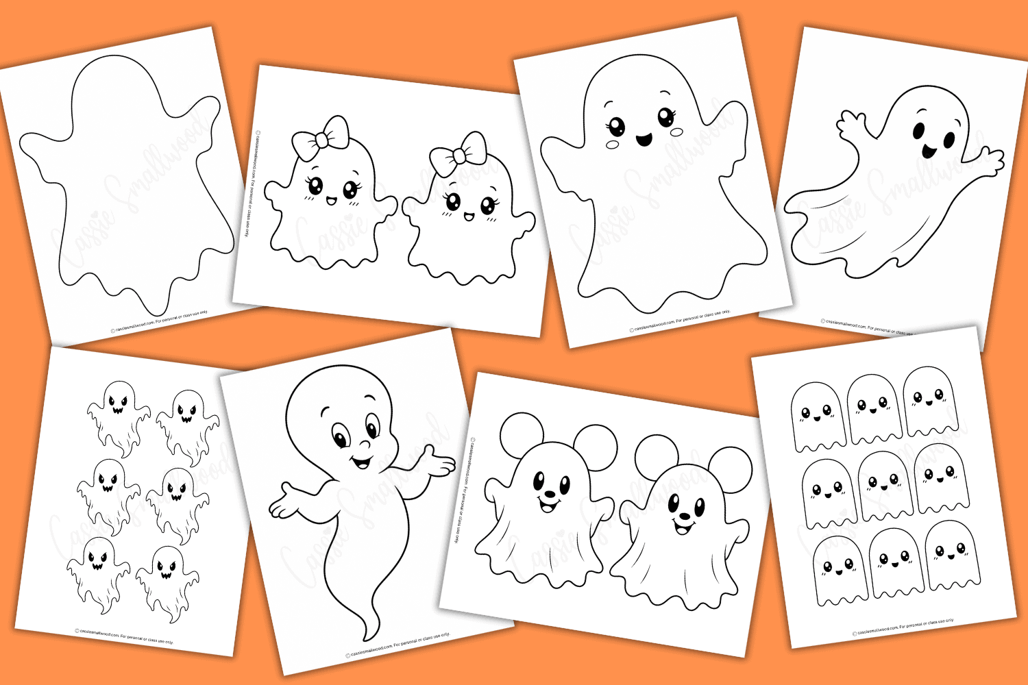 free printable ghost templates pdf, cute ghost outline cut outs, ghost stencils for kids Halloween crafts and bulletin board decorations