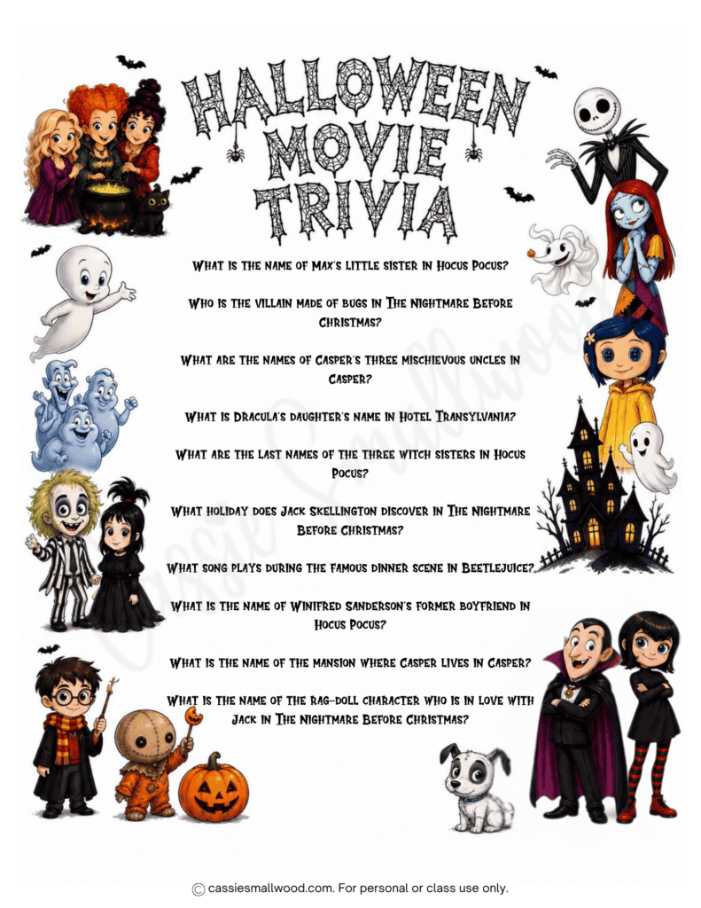 fun Halloween movie trivia free printable pdf, Halloween quiz for kids free printable, cute Halloween activity for kids, Halloween activity sheets for kids, elementary Halloween worksheets