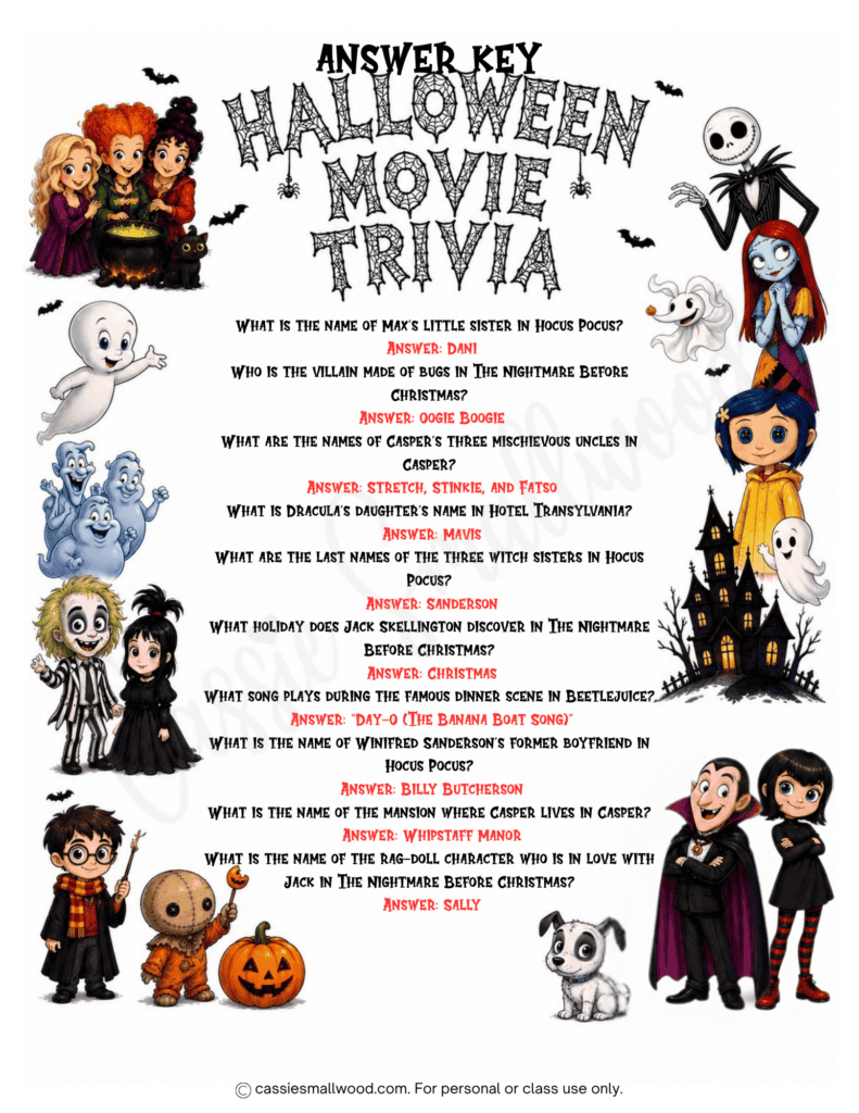 fun Halloween movie trivia questions and answers free printable pdf, Halloween movie quiz for kids, Kids Halloween activity sheets, free printable Halloween games for kids