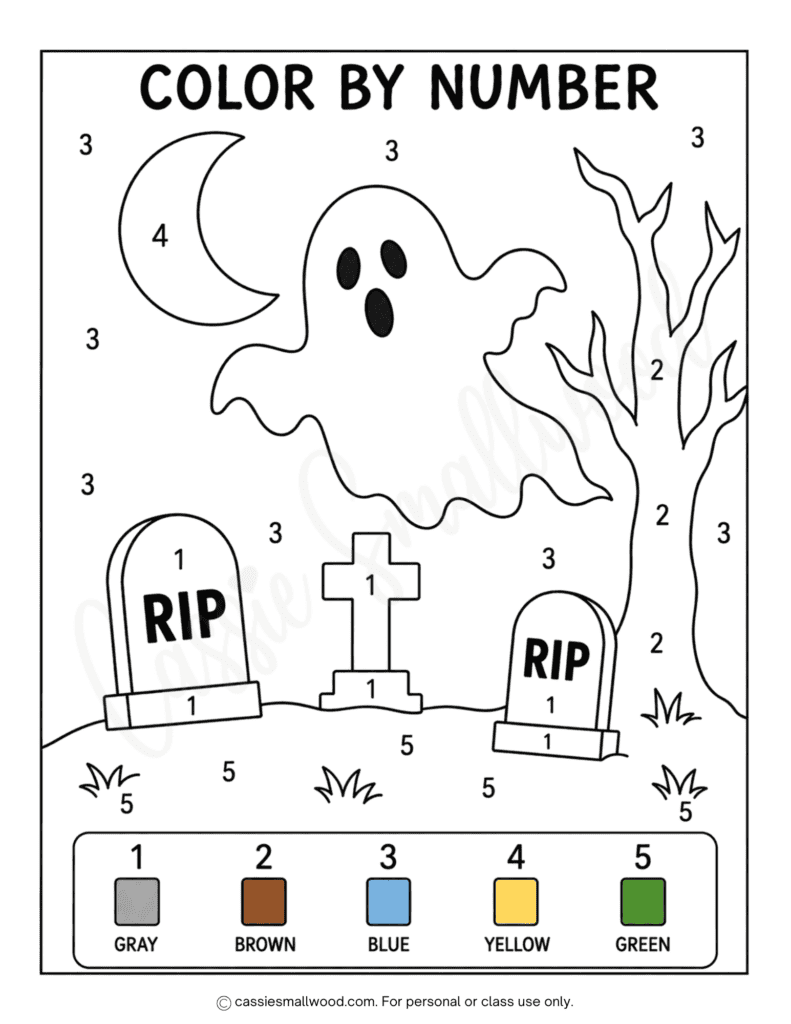 simple ghost color by number for Halloween free printable pdf, easy Halloween color by number for kids, preschool Halloween activities free printable, first grade Halloween worksheets, kindergarten Halloween activity pages