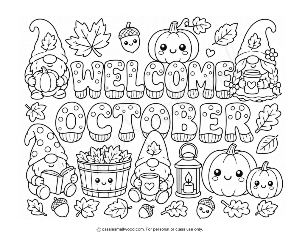 cute gnome October coloring page free printable pdf, simple October coloring pages for kids, fall gnome coloring sheet for kids, welcome October coloring page