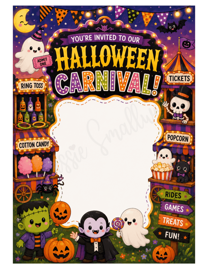 free printable Halloween carnival invitation template pdf, Halloween carnival flyer template, blank halloween fair invitation card