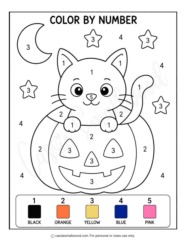 easy Halloween cat color by number free printable pdf, simple Halloween color by number kindergarten, preschool Halloween activities free printable, Halloween coloring pages easy