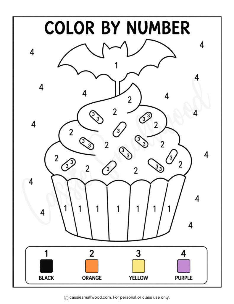 easy Halloween cupcake color by number free printable pdf, simple cute Halloween color by number for kids, kindergarten Halloween activity pages, preschool Halloween worksheets, first grade Halloween activity sheets free download