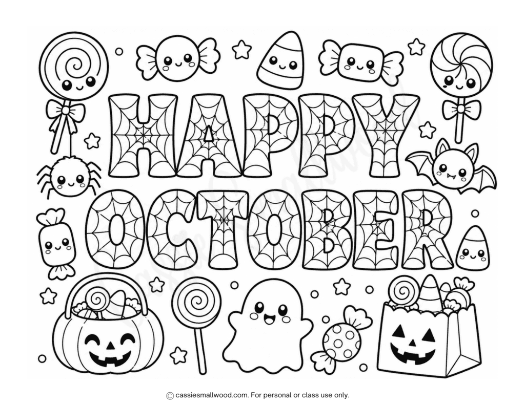 cute Halloween happy October coloring page for kids free printable pdf, easy Halloween coloring page preschool, simple October coloring page toddlers kindergarten full page, Halloween candy October coloring sheet