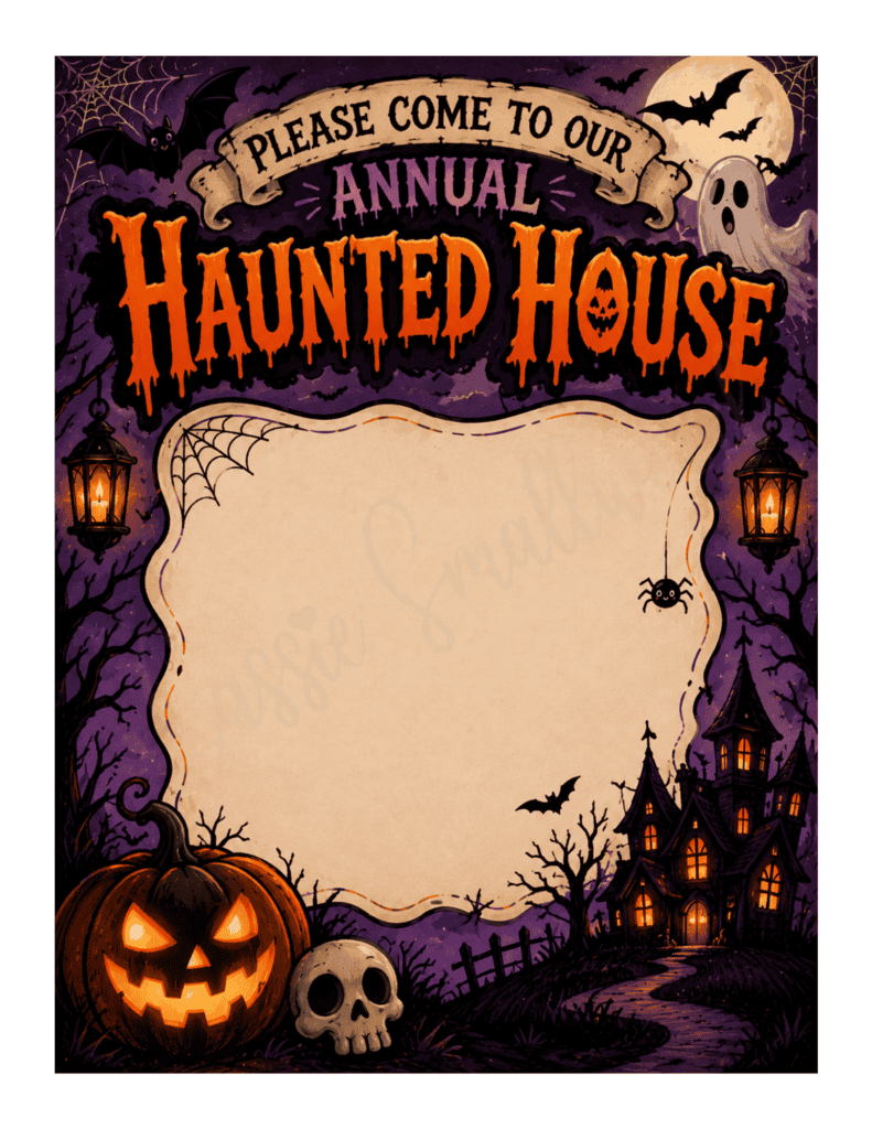 cute Halloween Haunted House invitation template free printable pdf, blank Halloween haunted house flyer template, Halloween haunted house invite