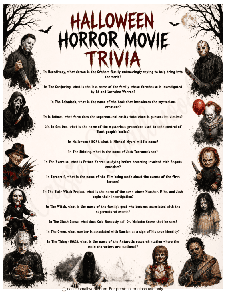 Halloween horror movie trivia questions free printable pdf, Halloween scary movies quiz questions, spooky Halloween trivia questions and answers, fun halloween party game free printable, Halloween game night, Halloween trivia night