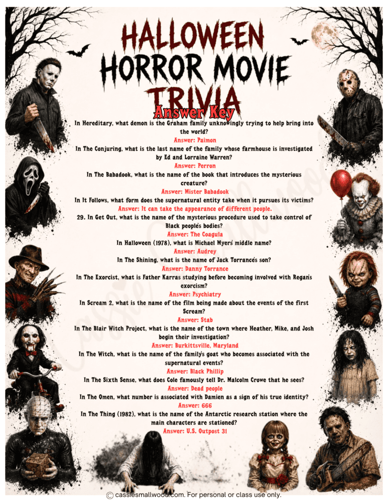 scary movie Halloween trivia questions and answers, Horror movie halloween quiz questions and answers, fun Halloween game night idea, family game night Halloween spooky trivia