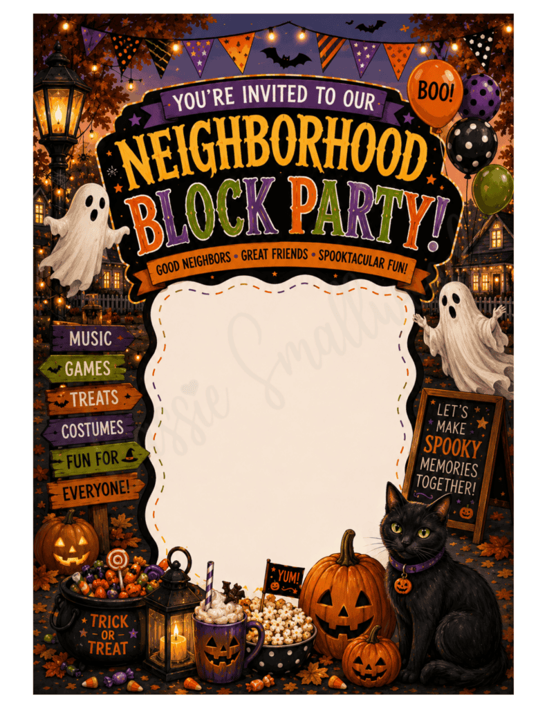 free printable Halloween neighborhood block party invitation pdf, blank Halloween block party invite template, Halloween block party flyer template