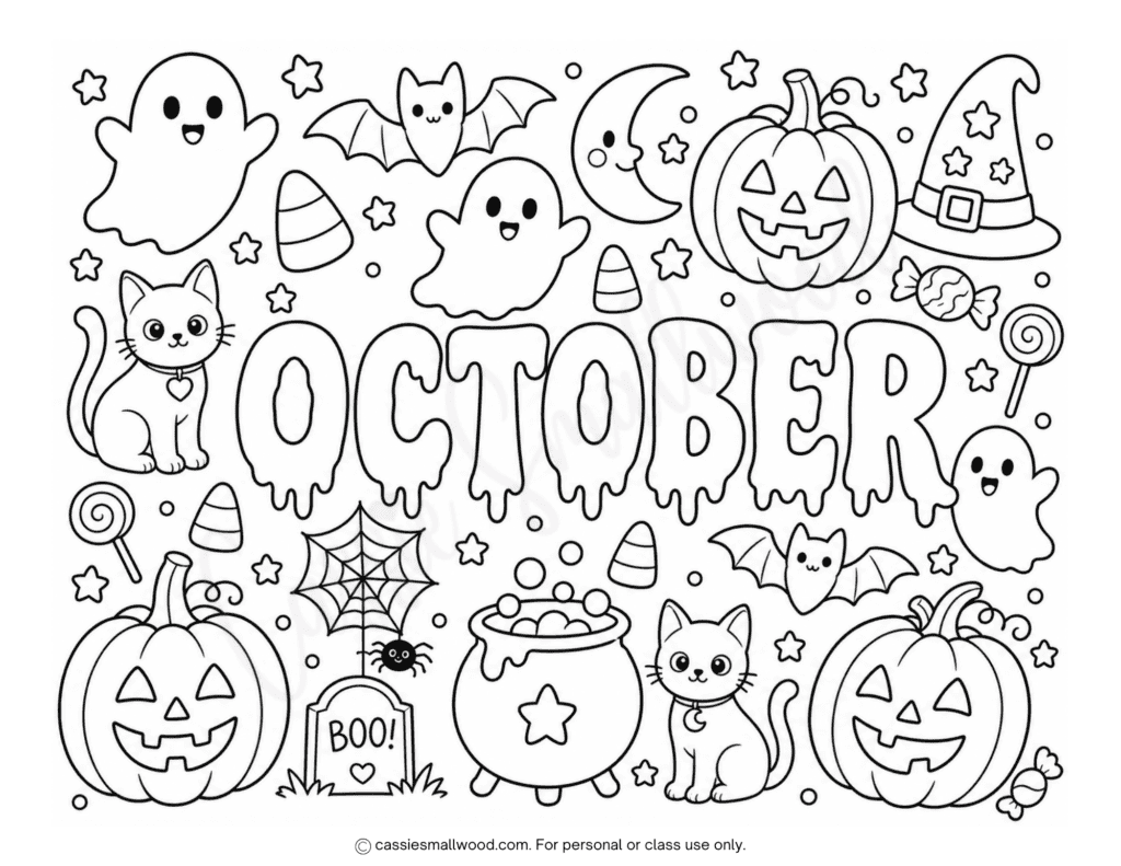 cute Halloween October coloring page free printable pdf, easy Halloween coloring page preschool kindergarten toddlers, simple October coloring sheet Halloween