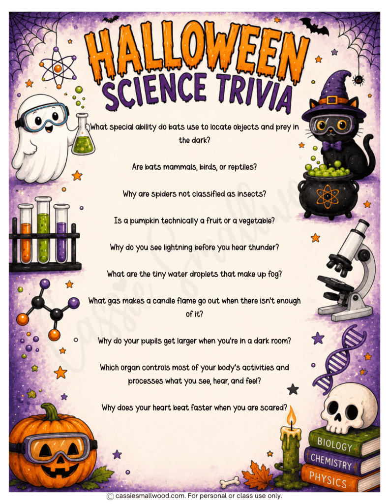 Halloween science trivia free printable pdf, Halloween science quiz questions, Halloween STEM activities, Halloween science worksheet, Halloween science activity sheet for elementary kids