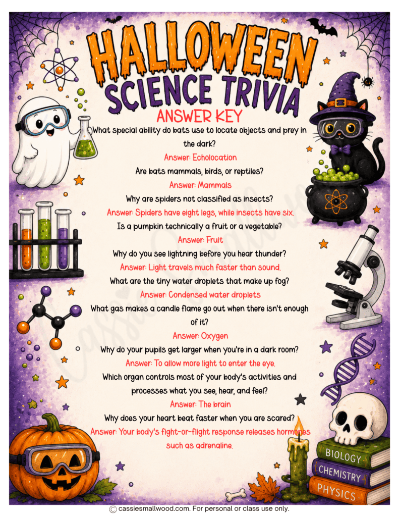 free printable Halloween science trivia questions and answers pdf, Halloween STEM activities for elementary students, Halloween activity sheets, halloween classroom games, Halloween classroom activities