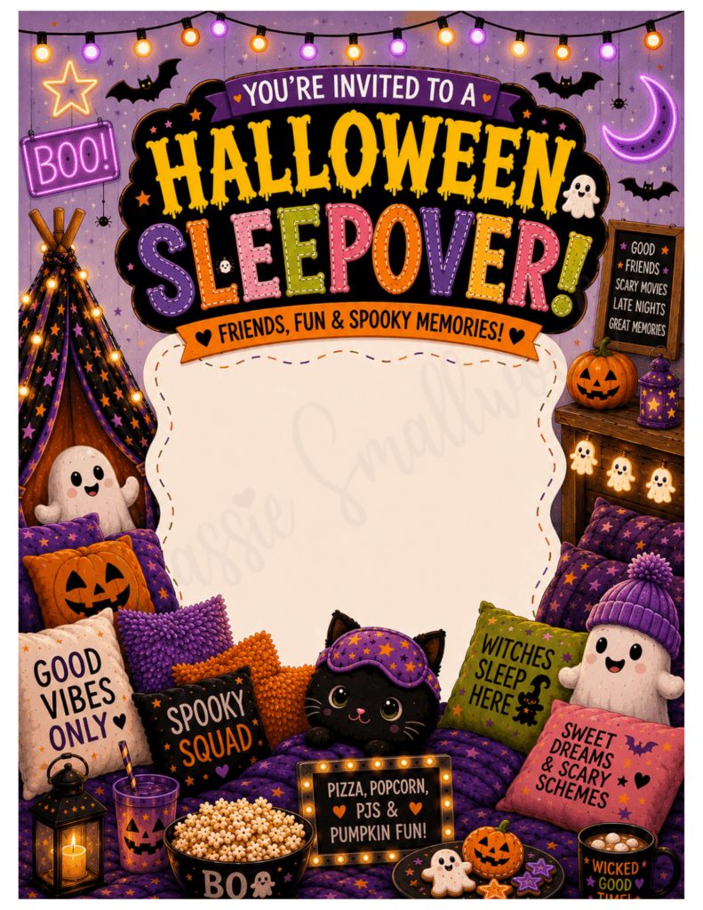 free printable Halloween sleepover invitation pdf, Halloween slumber party invitation template blank, Halloween sleepover invite for kids template