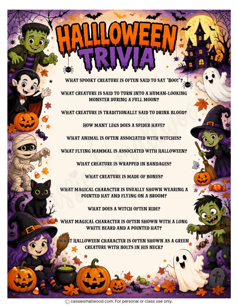 free printable Halloween trivia for kids pdf, cute halloween quiz questions, Halloween activities free printable, Halloween worksheet, Halloween classroom games, halloween party games for kids