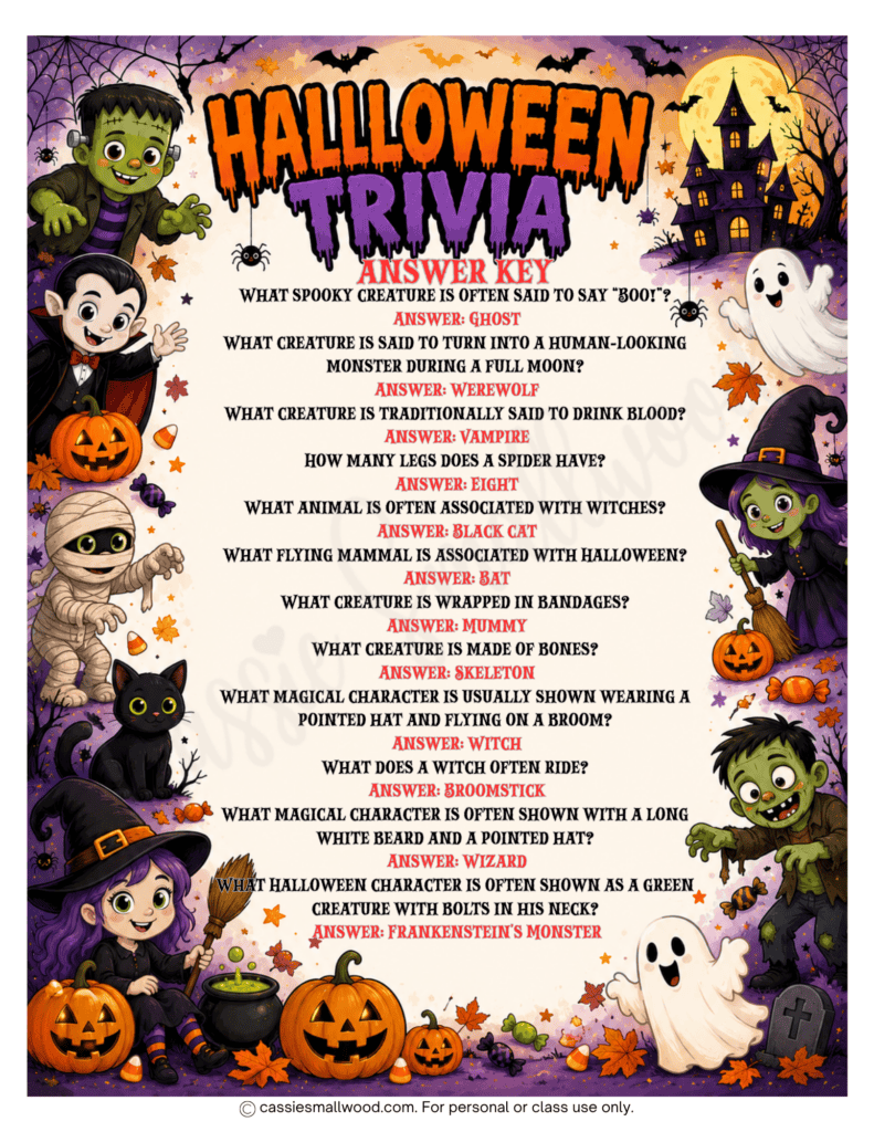 free printable Halloween quiz questions and answers for kids pdf, Halloween trivia game for kids, elementary Halloween questions worksheet, fun Halloween activities for kids