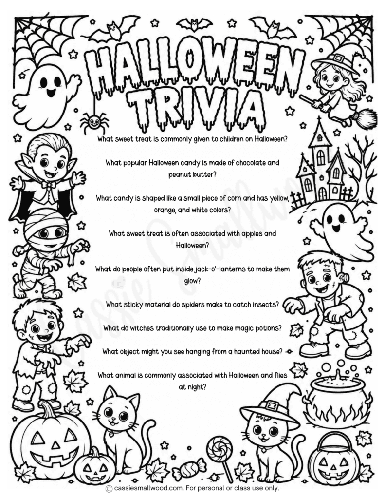 free printable Halloween trivia quiz questions pdf, Halloween activity sheet for elementary students, fun halloween quiz questions for kids, Halloween coloring page for kids, Halloween classroom group game