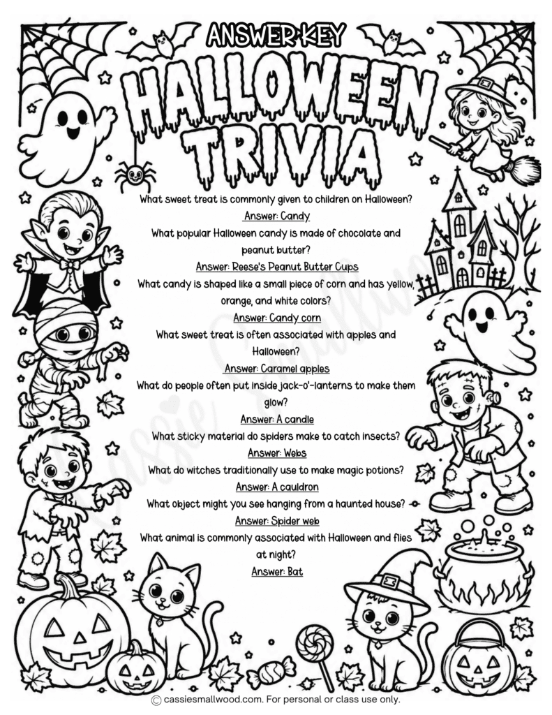 Halloween quiz questions and answers free printable pdf, Halloween trivia questions for kids, cute halloween worksheet for kids, cute halloween activity page for kids, cute Halloween coloring page for kids