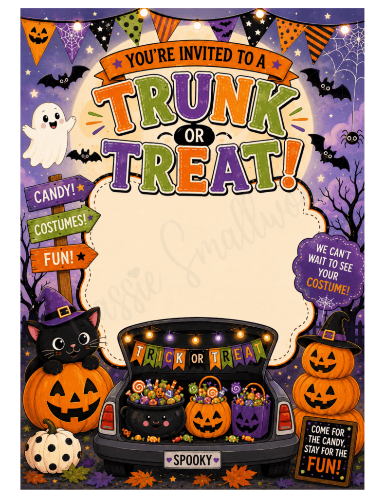 cute Halloween trunk or treat invitation template free printable pdf, trunk or treat flyer template, blank trunk or treat invite free download