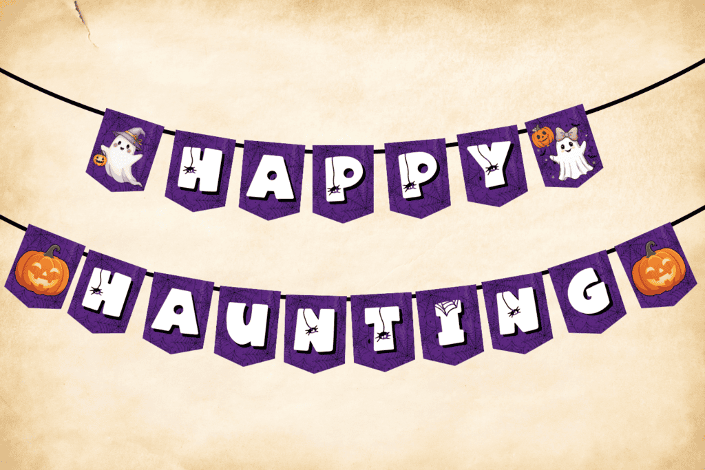 cute Happy Haunting banner free printable Halloween decorations pdf, free printable Halloween banner, Halloween bulletin board decorations, Halloween classroom decorations free download