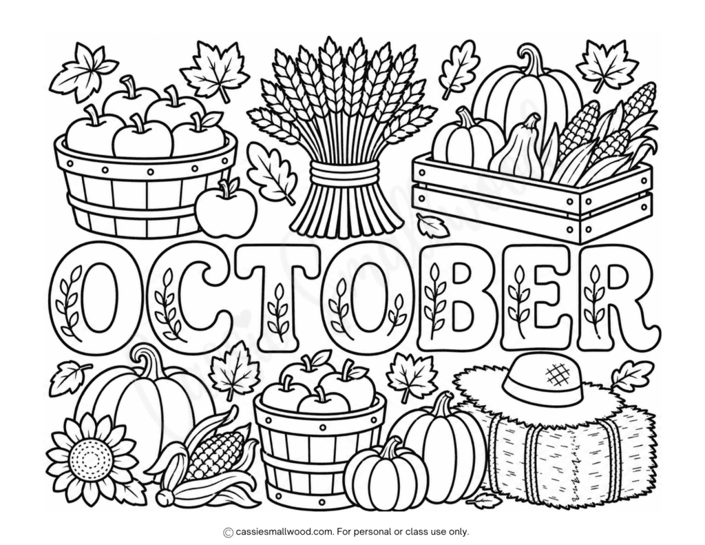 harvest October coloring page for kids free printable pdf, fall harvest coloring page for kids, cute October coloring sheet full page 