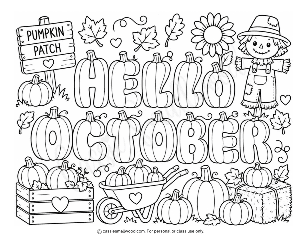 free printable Hello October coloring page pdf, pumpkin patch coloring page for kids, easy October coloring page for toddlers preschool kindergarten, fall October coloring sheet